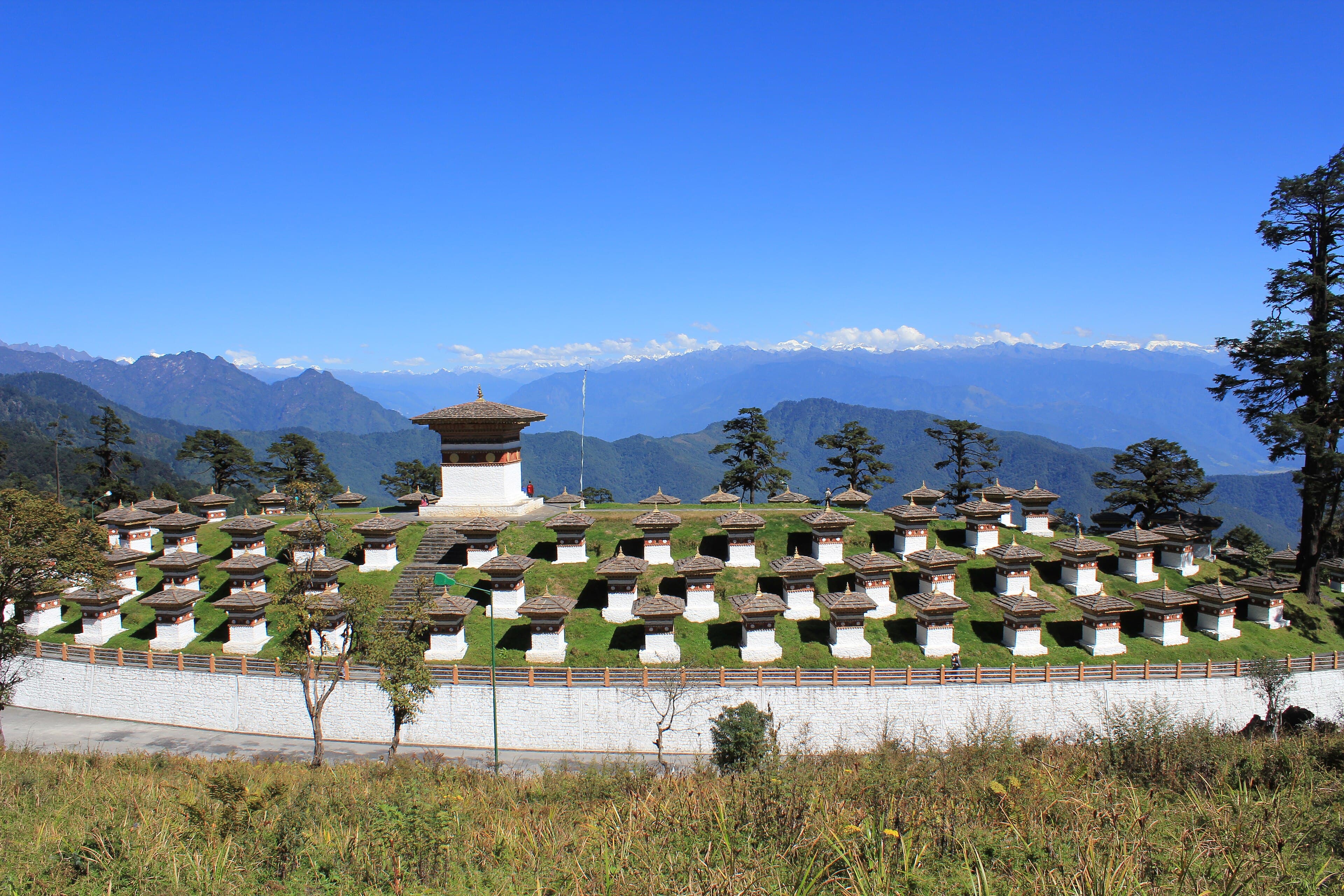 The 108 chortens at Dochula pass on the road from Thimphu to Punakha, Bhutan