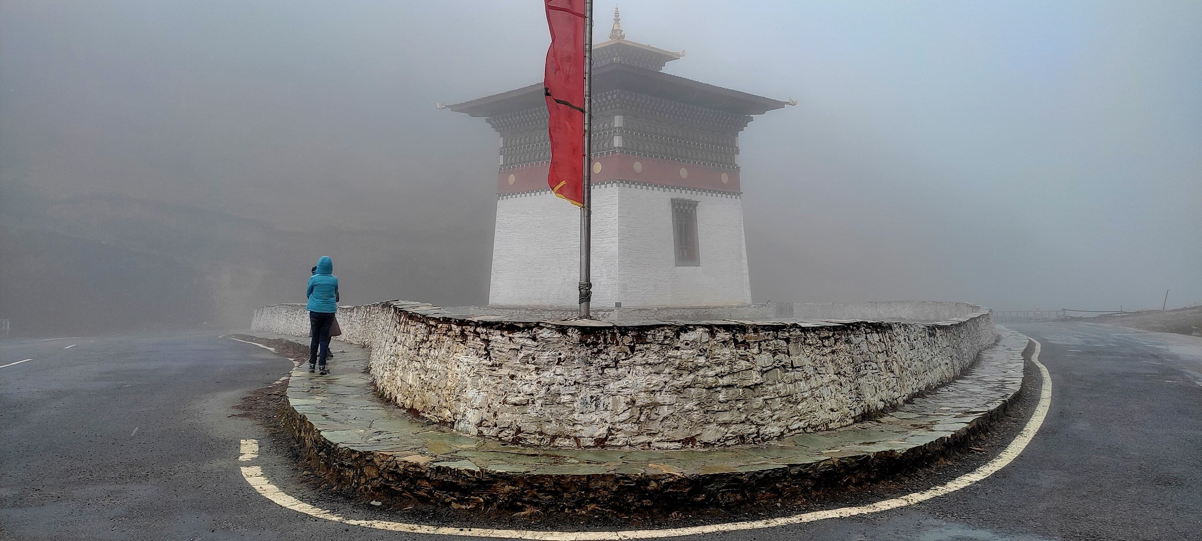 Chorten and prayer flags at Pele La pass, Bhutan